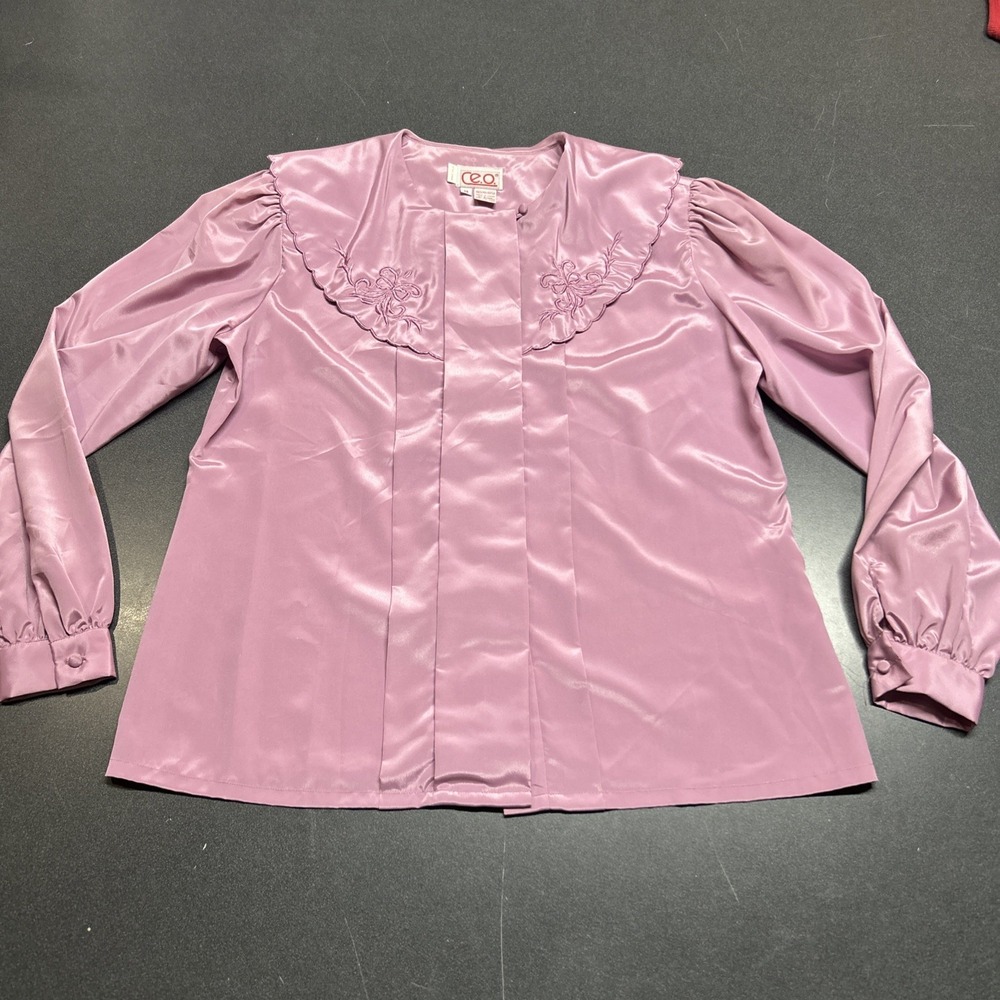 Vintage 80s  Pink Embroidered Blouse Long Sleeve Button Up Size 14 Retro Office